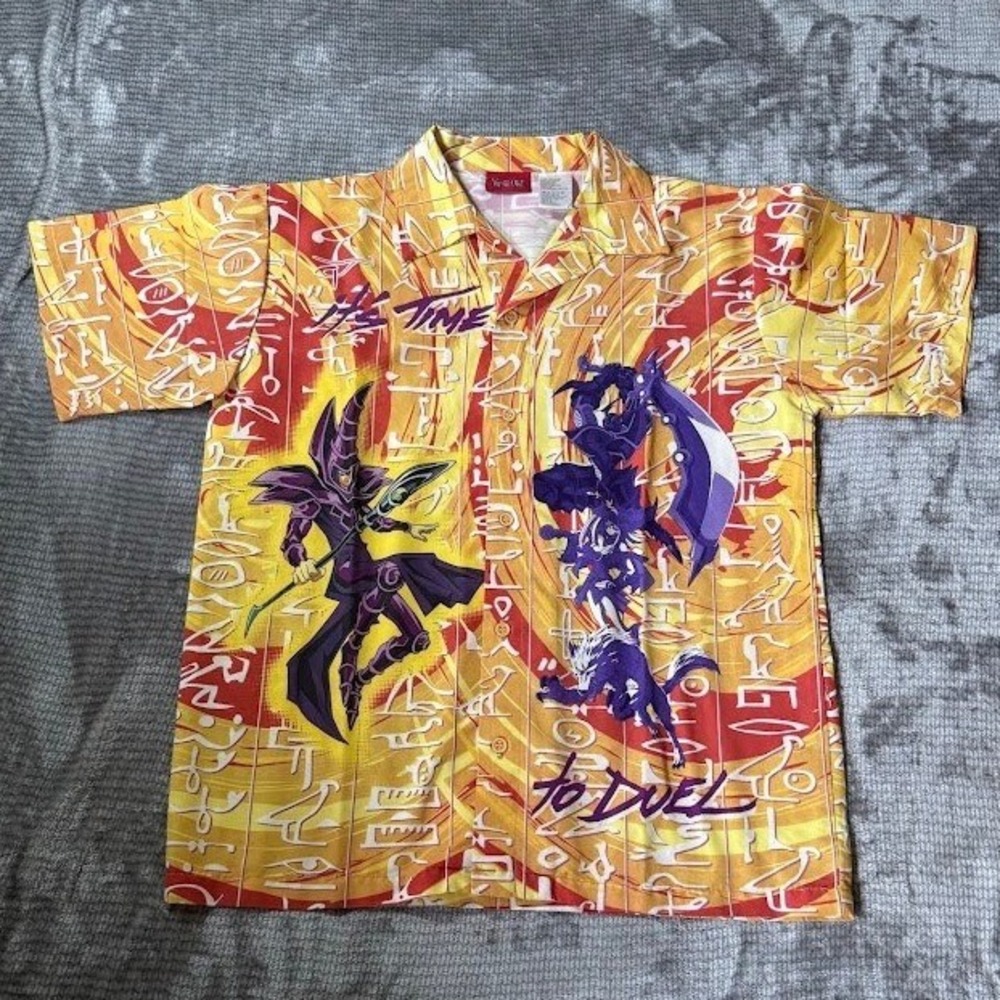Vintage Yu-Gi-Oh Dark Magician Button Up Shirt Yellow Anime It's Time To Duel M